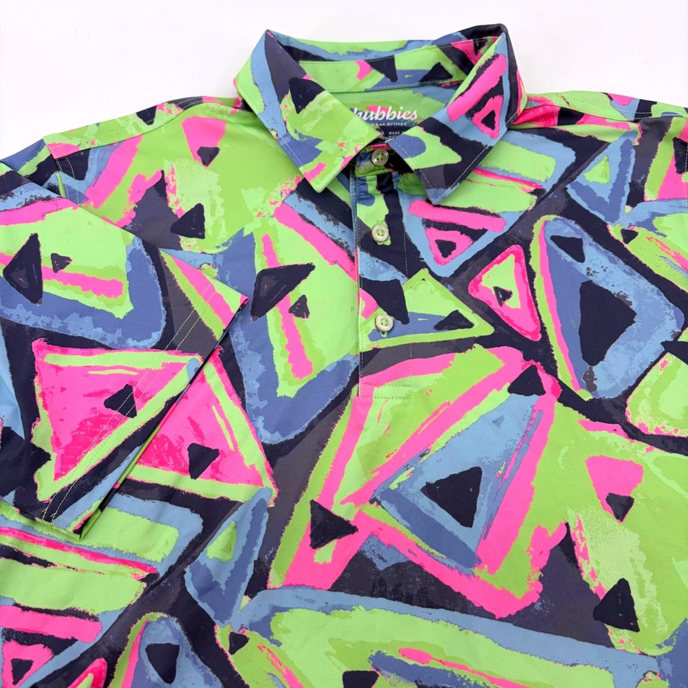Chubbies Mens S Performance Polo Shirt Neon Geometric Triangle Print Stretch